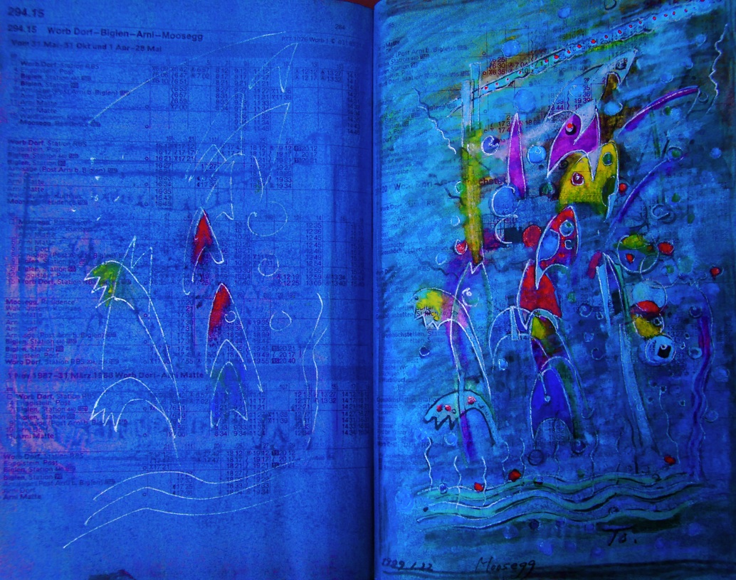 魚の噴水　The fountain of  fishes  p294.15 1989 Pen  Acryl  Paper  Pastel  18×22.5cm　ⓒToshihiko Shibano